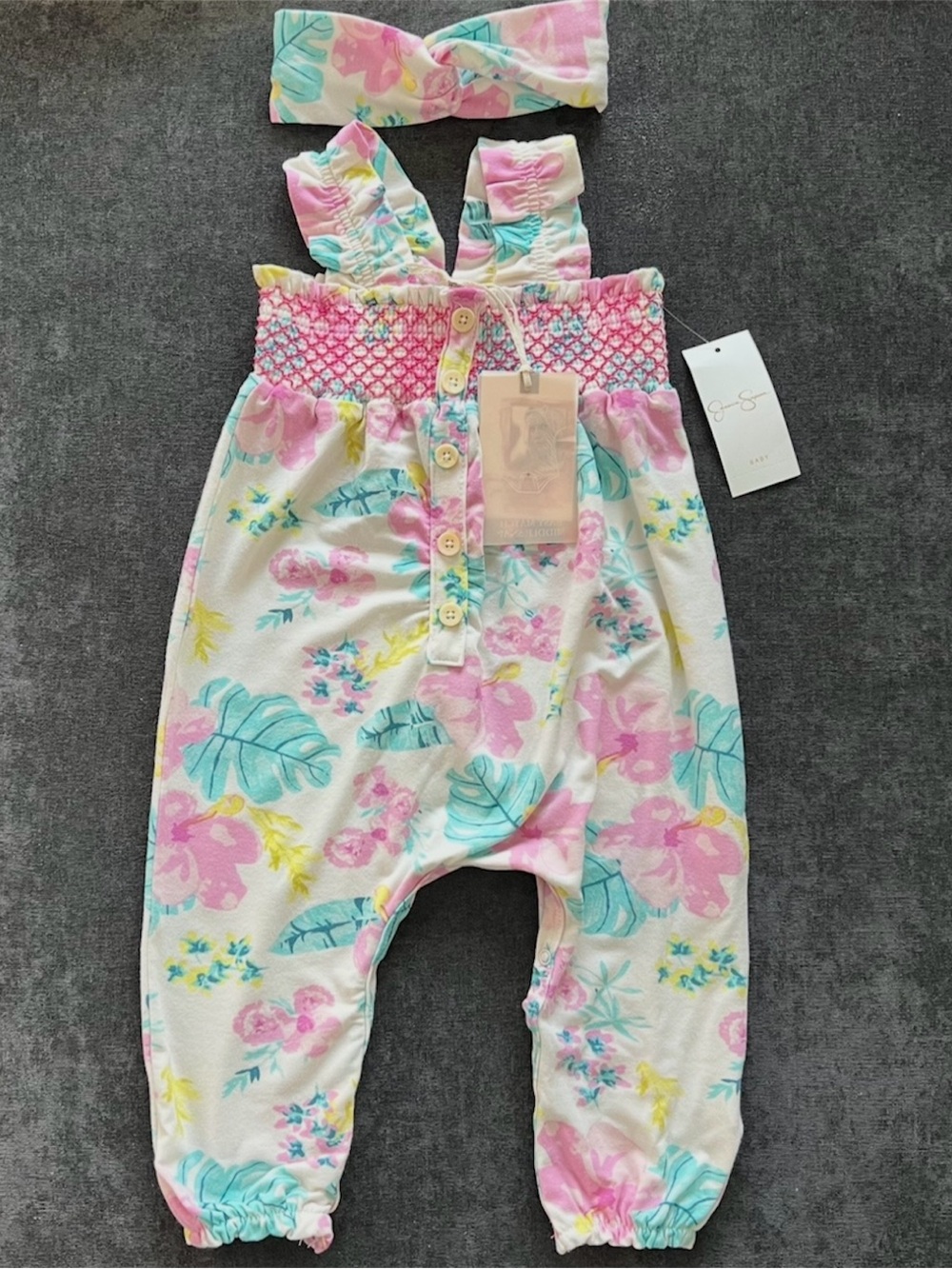 NWT Jessica Simpson Girls Tropical Romper and Headband Size 12 Months